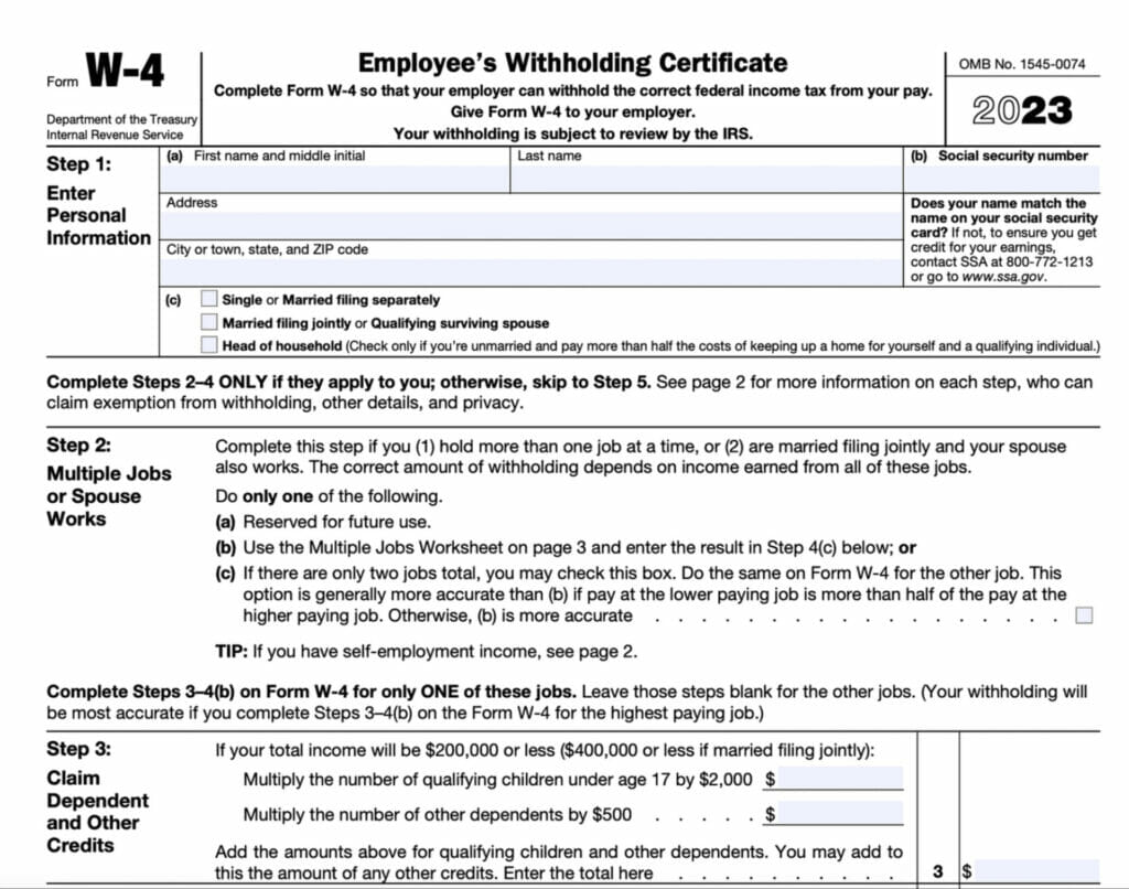 Screenshot of IRS W-4 Form 2023