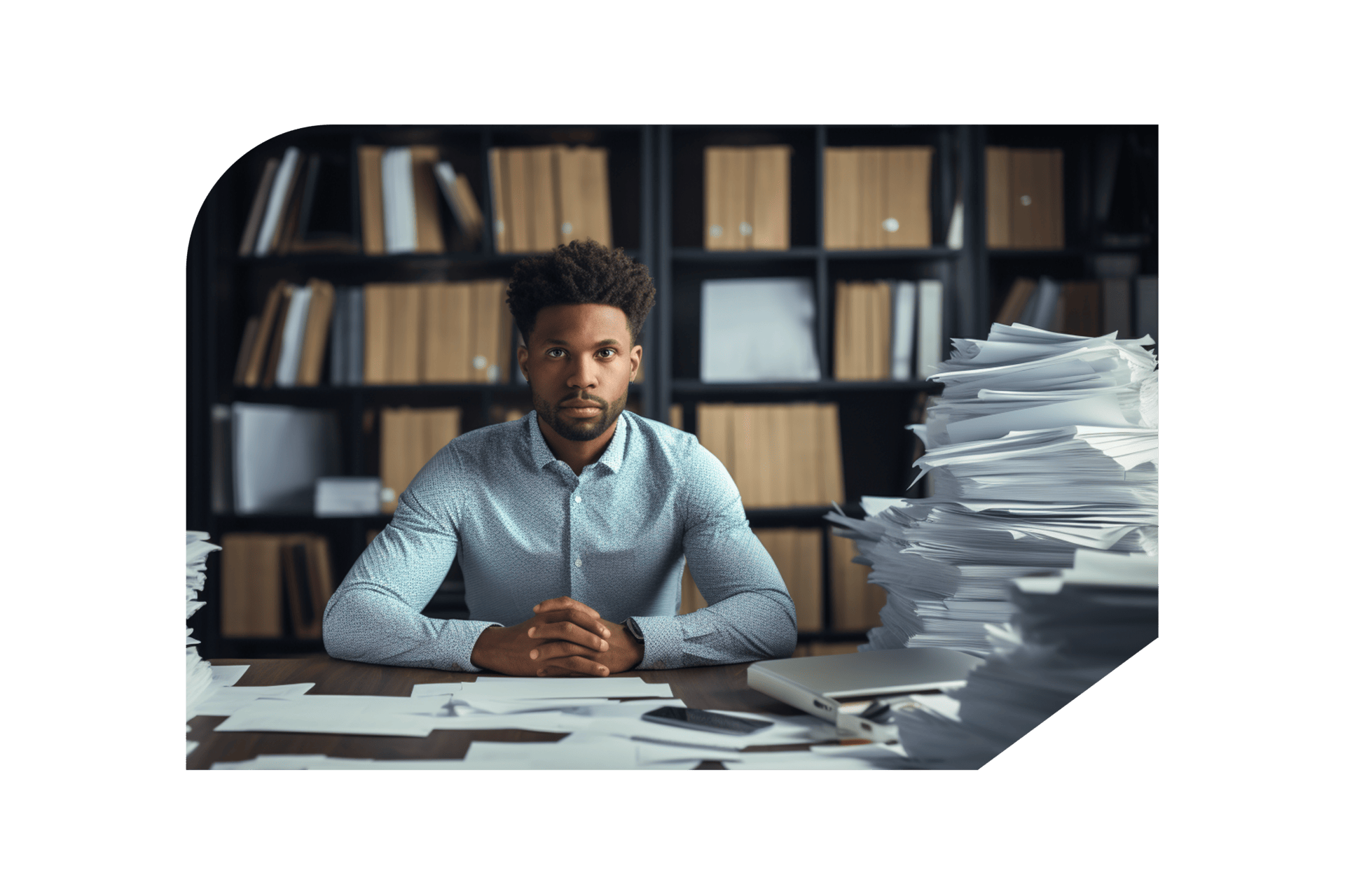 african american professional surrounded by paperwork