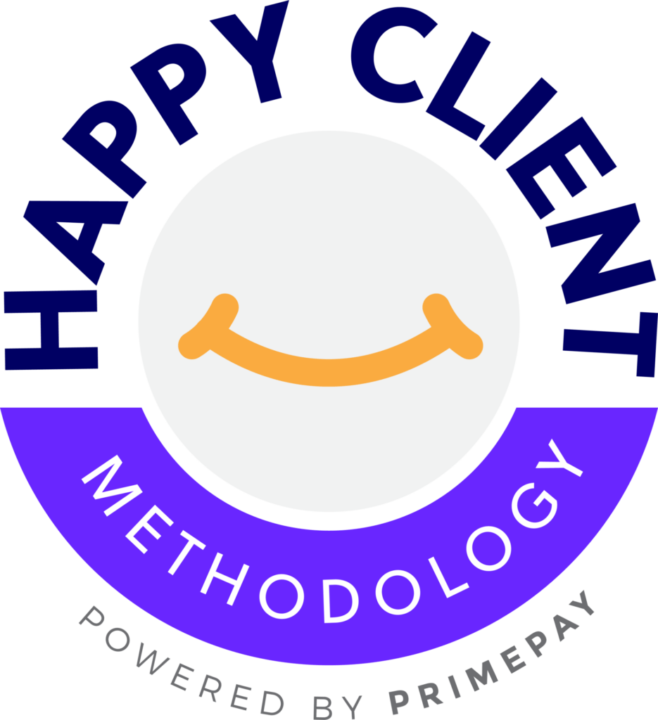 Happy Client Methodology Button logo/Icon with yellow smile with transparent background