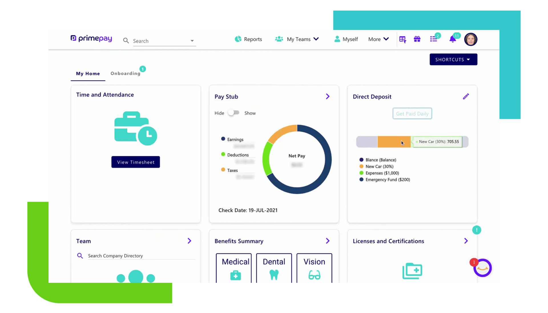 Screenshot of PrimePay's People and HR Software within a shaped frame