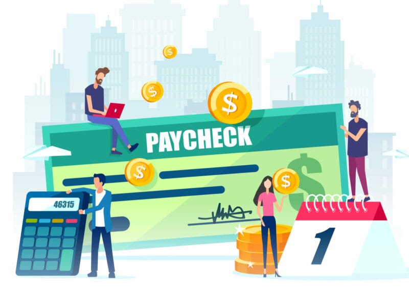 Graphic of a paycheck with animated people surrounding it