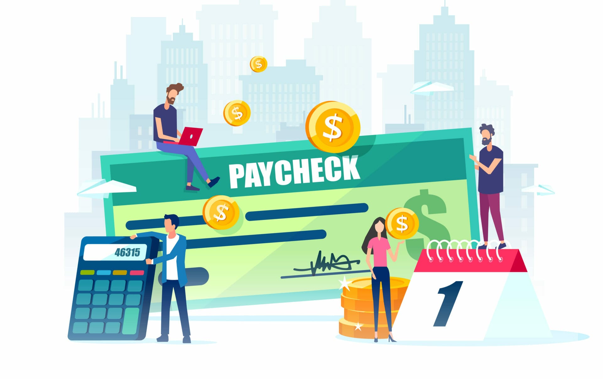 Graphic of a paycheck with animated people surrounding it