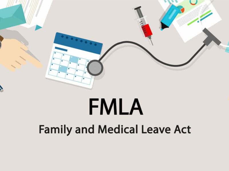 graphic of FMLA (family and medical leave act) with medical icons