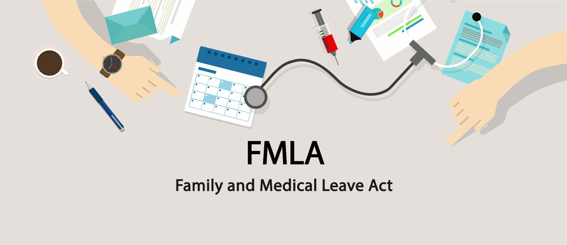 graphic of FMLA (family and medical leave act) with medical icons