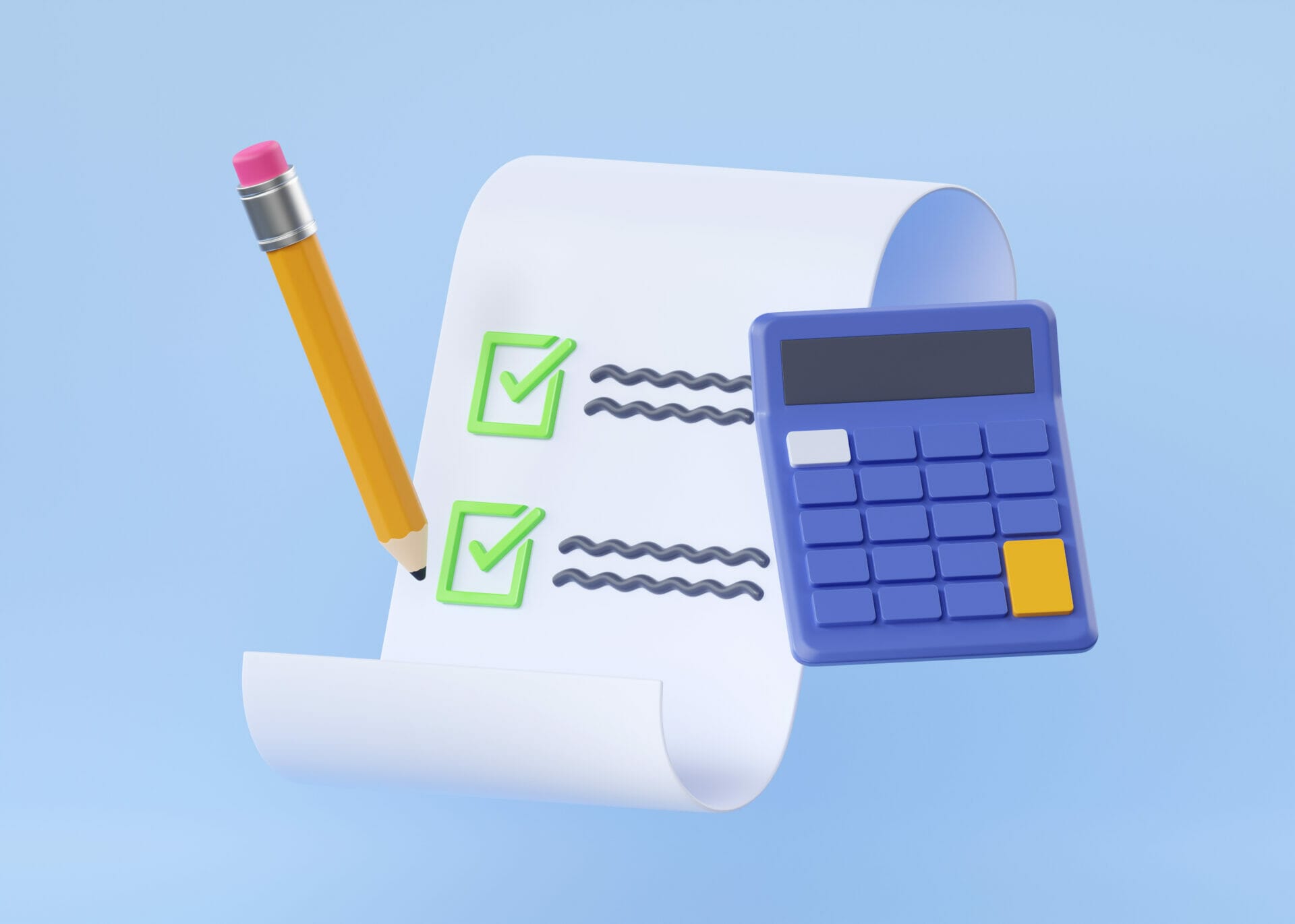 Graphic of pencil, checklist, and calculator