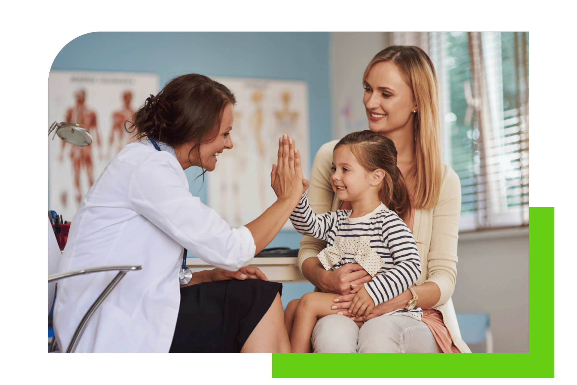 Mom and daughter at doctors office high five