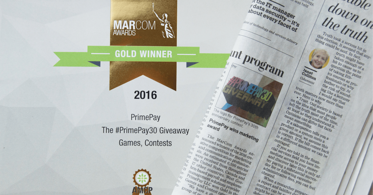 newspaper and award certificate for 2016 marcom award,