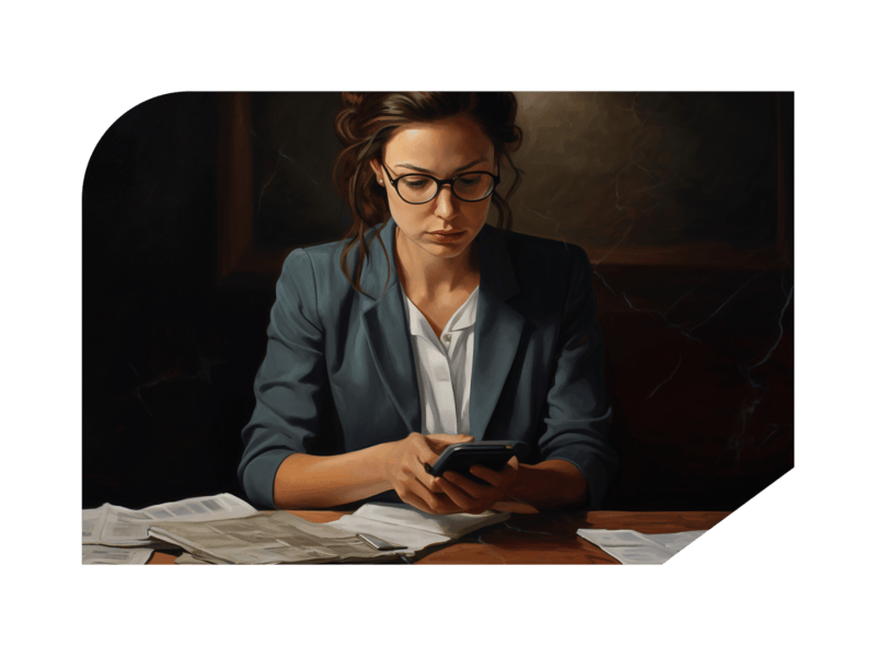 Woman typing on calculator surrounded by paperwork in shaped frame