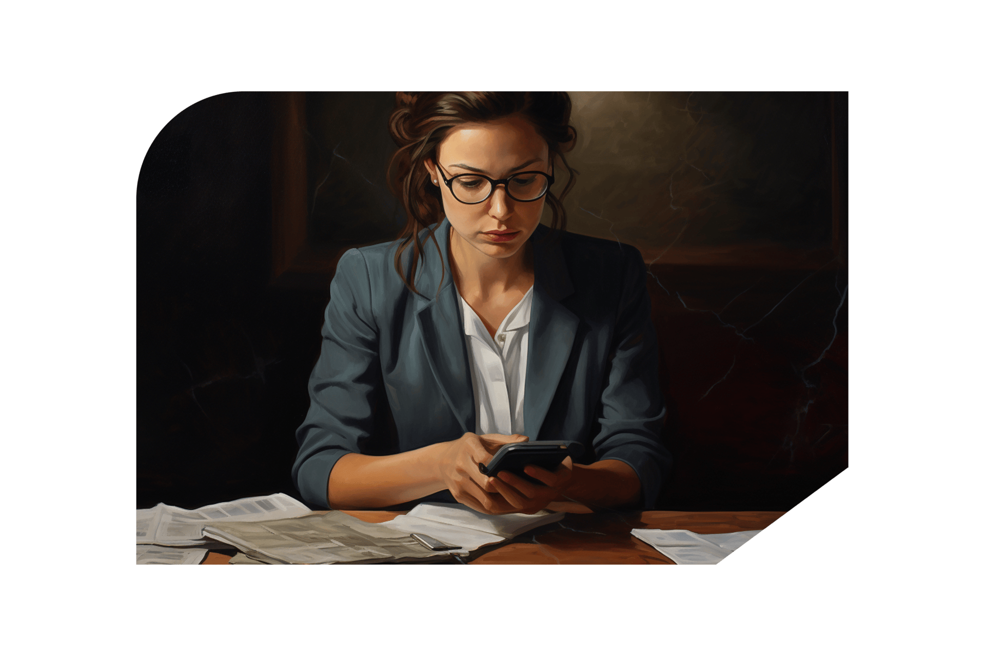 Woman typing on calculator surrounded by paperwork in shaped frame