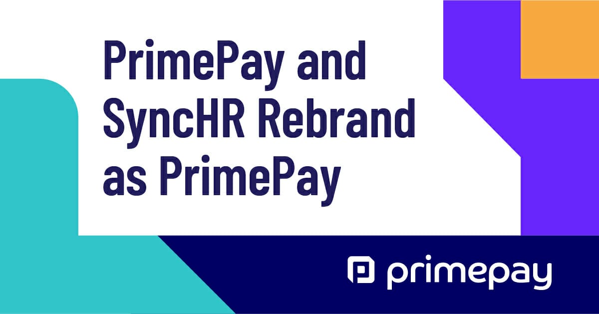 Graphic with shapes and text 'PrimePay and SyncHR Rebrand as PrimePay' along with white logo on dark blue background,