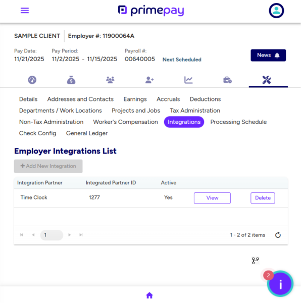sample client integrations page