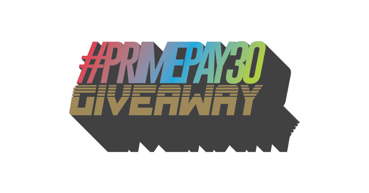 #PrimePay30 Giveaway with white backdrop,