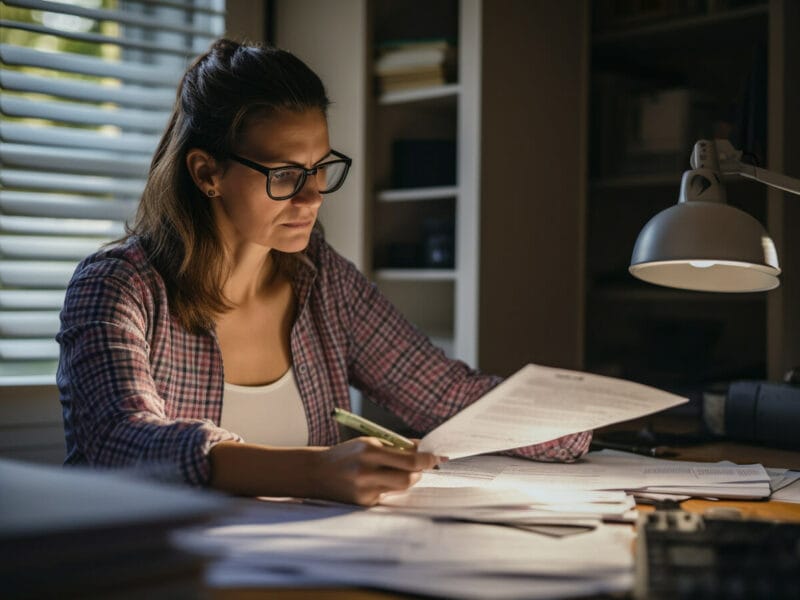 woman staring at paperwork in home office lit by lamp