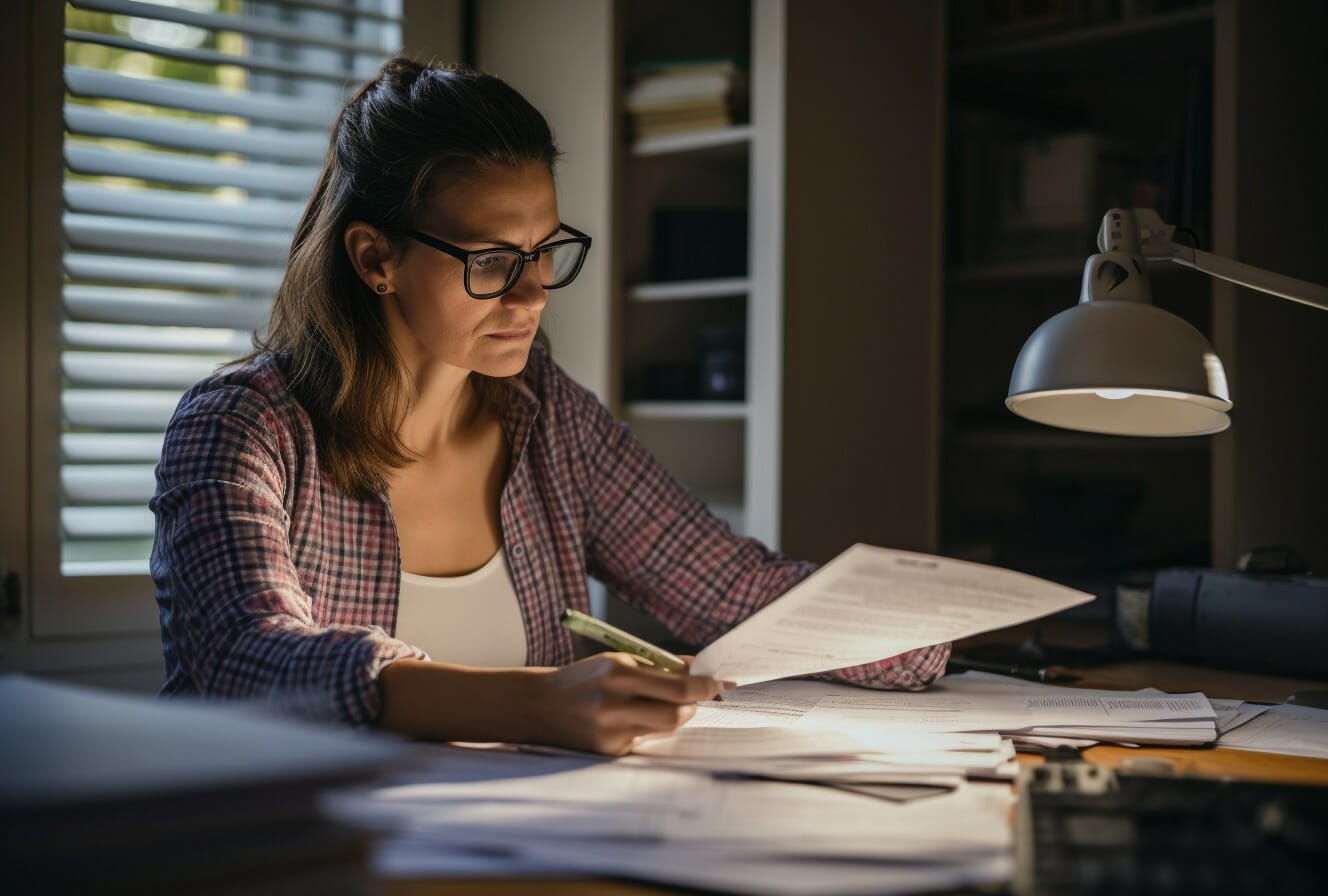 woman staring at paperwork in home office lit by lamp