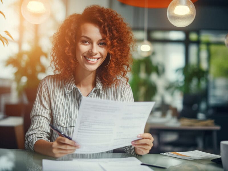 Young woman, holding a paper and smiling at camera