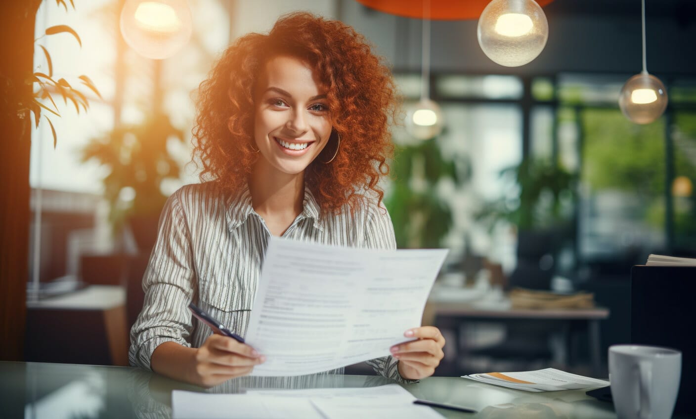 Young woman, holding a paper and smiling at camera