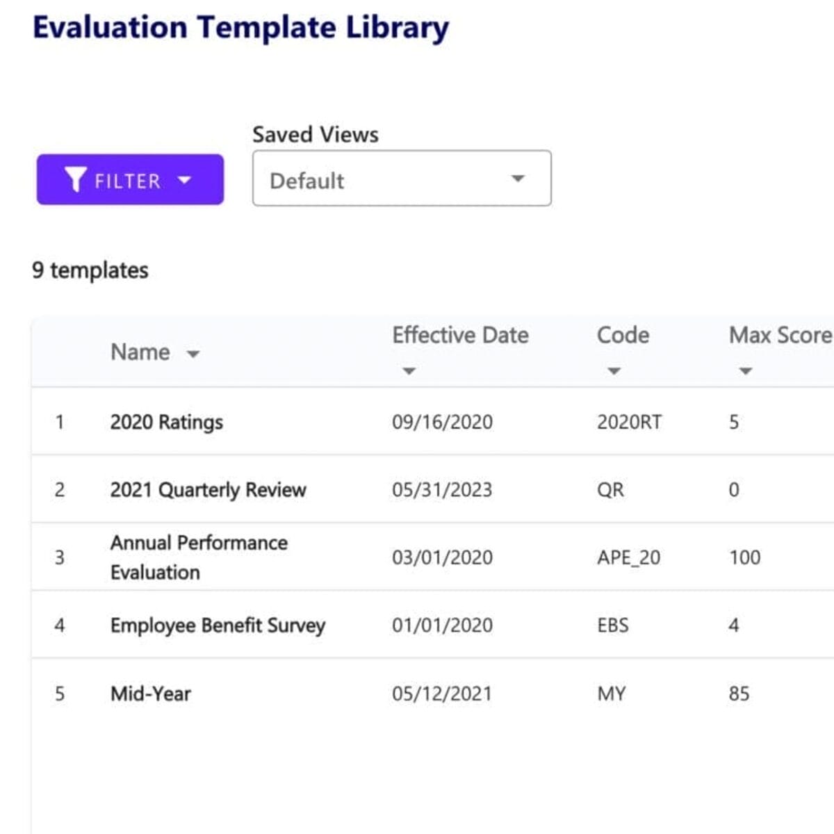 screenshot of primepay's evaluation templates