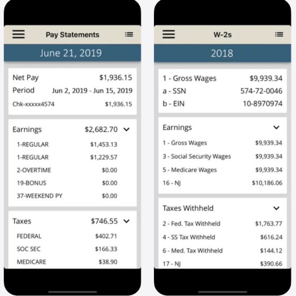 mobile employee view of W2 and pay stubs