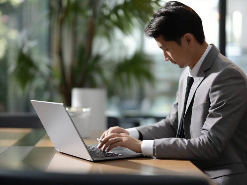 Office man writing on laptop in grey suit