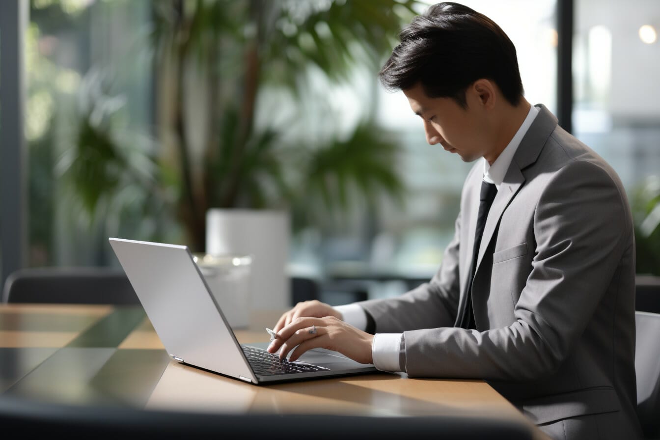 Office man writing on laptop in grey suit