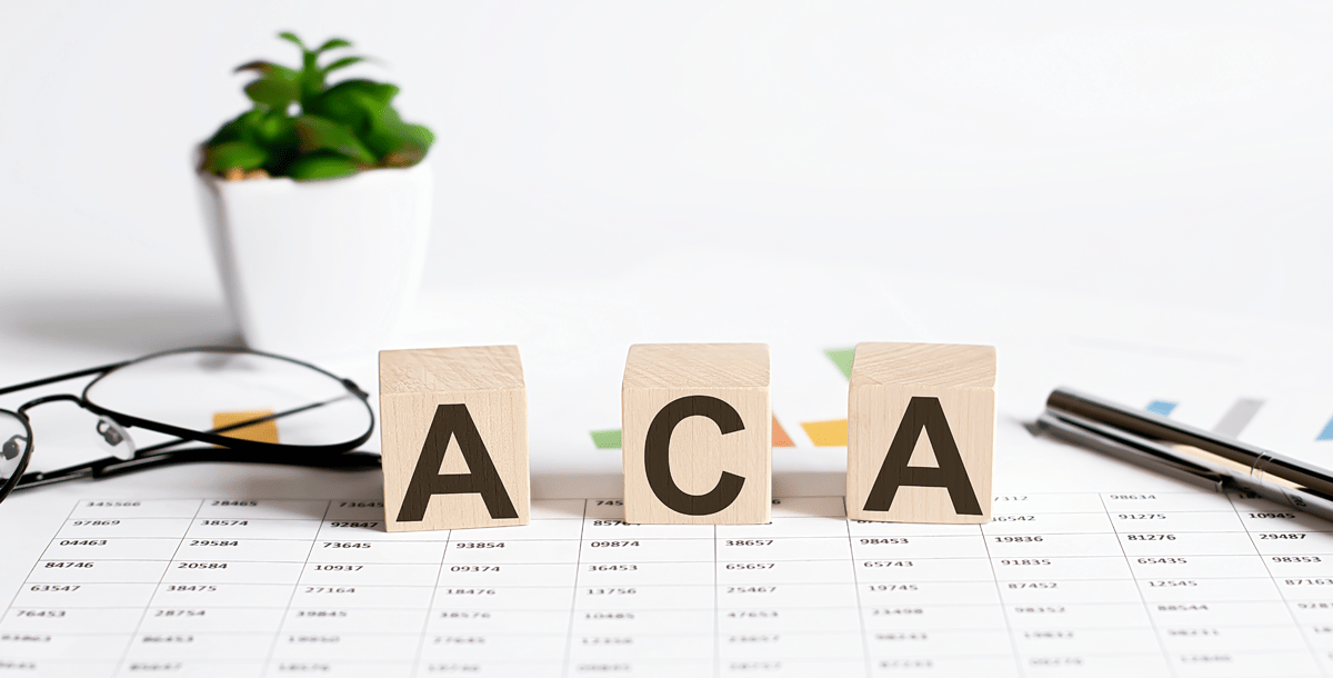 ACA spelled out with blocks sitting on desk with glasses and a plant