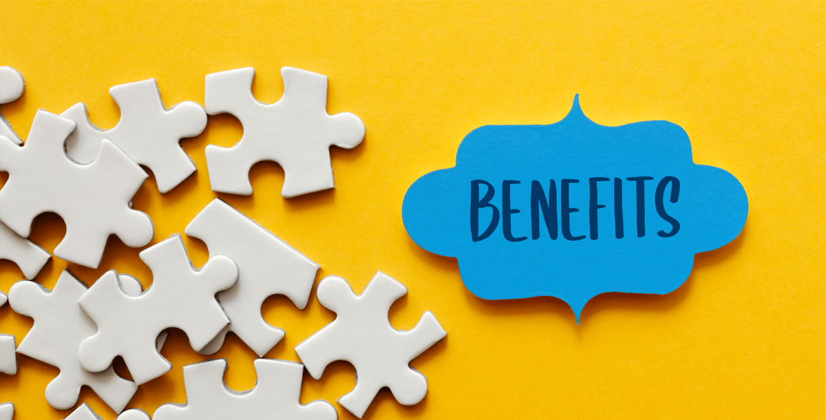 Puzzle pieces and the word benefits in blue