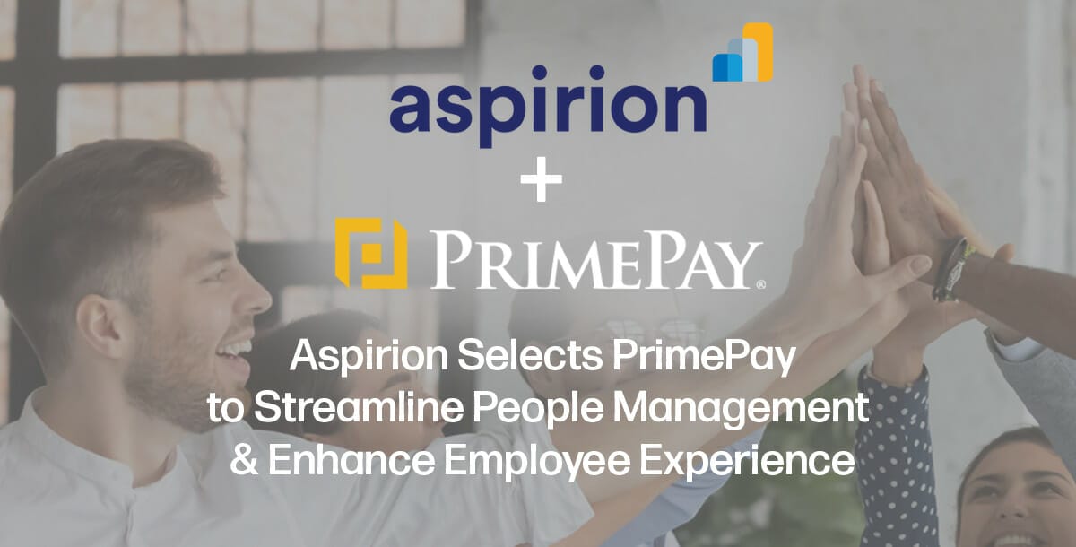 Photo of professionals high fiving with color overlay and text announcing PrimePay & Aspirion's partnership