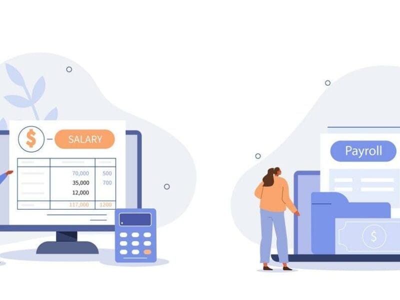 Graphics of people looking at salary and payroll