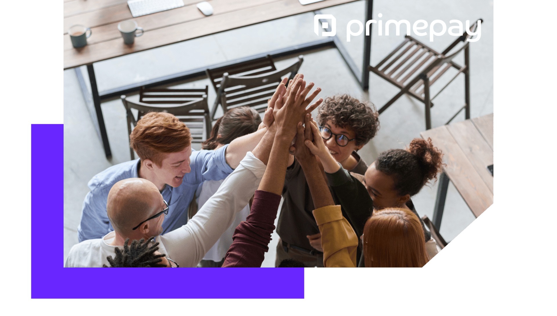 Photo of group of employees high fiving in a rectangle shaped frame